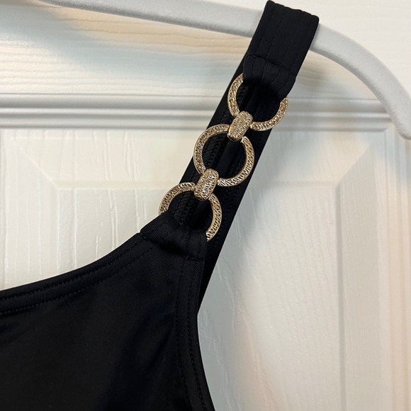 Lands' End One-Piece Black Asymmetrical Single Strap Swimsuit w Chain Accent 8 - Picture 2 of 4